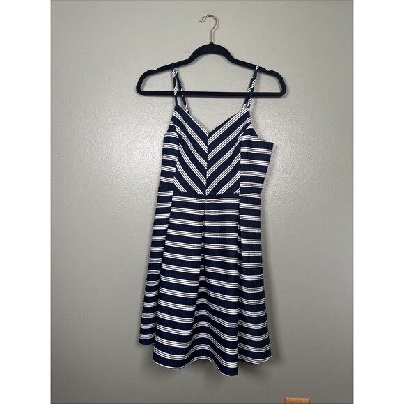 She + Sky Nautical Beachy Navy White Stripe Cute Summer Lined Dress Size Small‎ - Picture 1 of 11